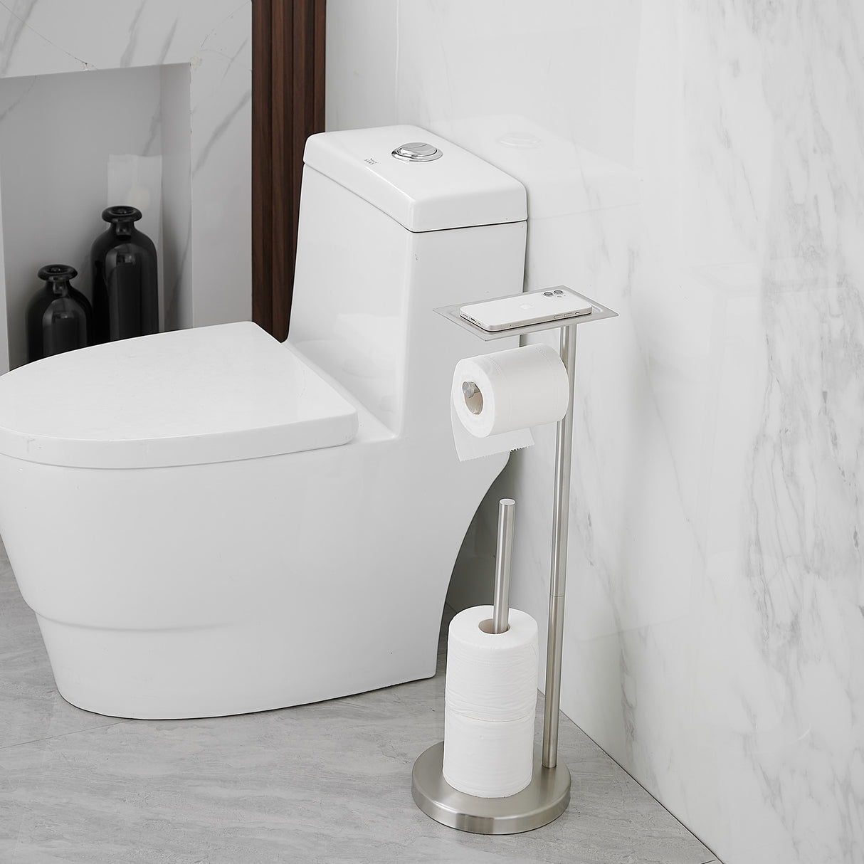 Round Free Standing Toilet Paper Holder with Top Storage Shelf