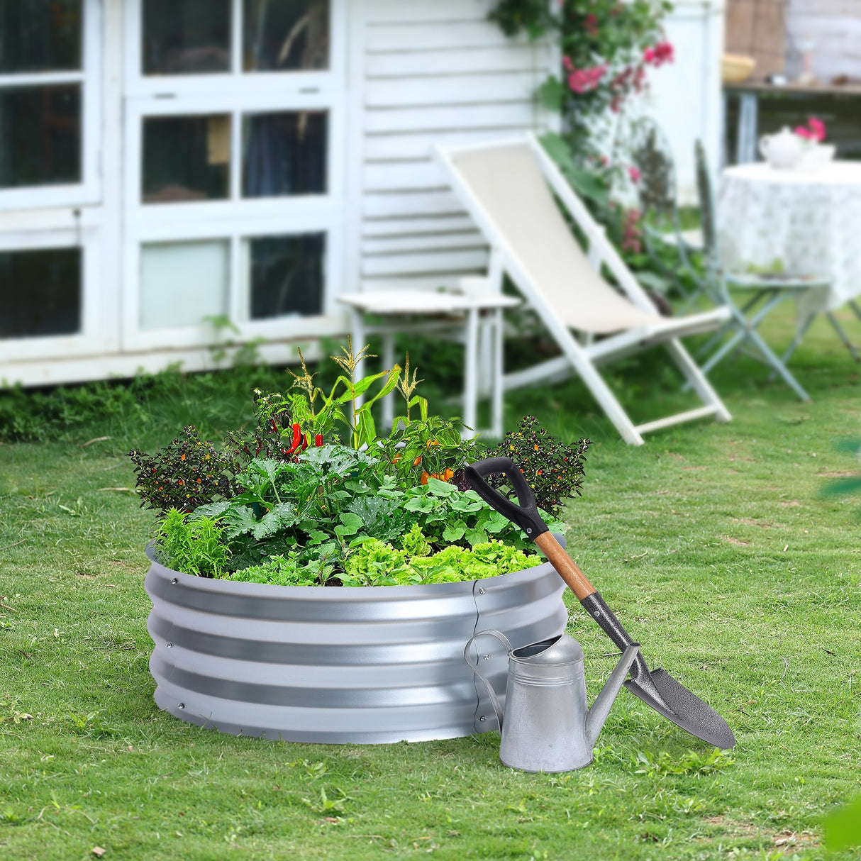 Round Galvanized Steel Raised Garden Bed Planter, Open Bottom