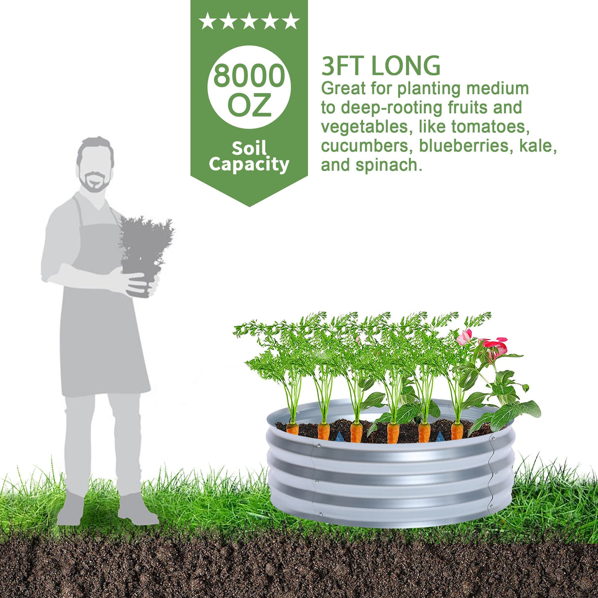 Round Galvanized Steel Raised Garden Bed Planter, Open Bottom