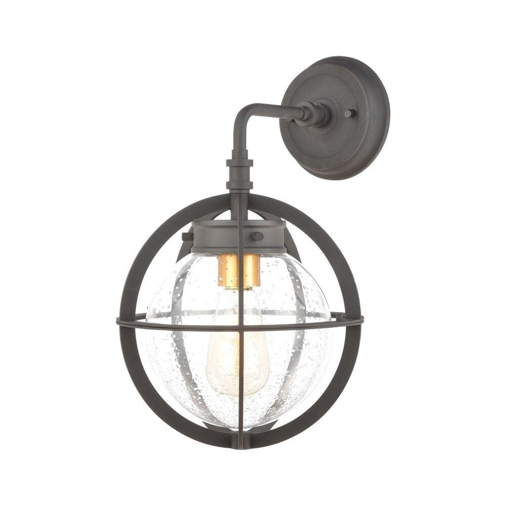 Round Globe Outdoor Porch Light - One Light Outdoor Exposed Bulb Wall Lantern with Mid Century Style Charcoal/Brushed B