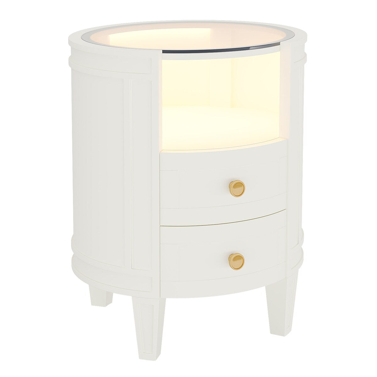 Round LED Bedside Table Nightstand with 2 Drawers and Open Shelf for Bedroom