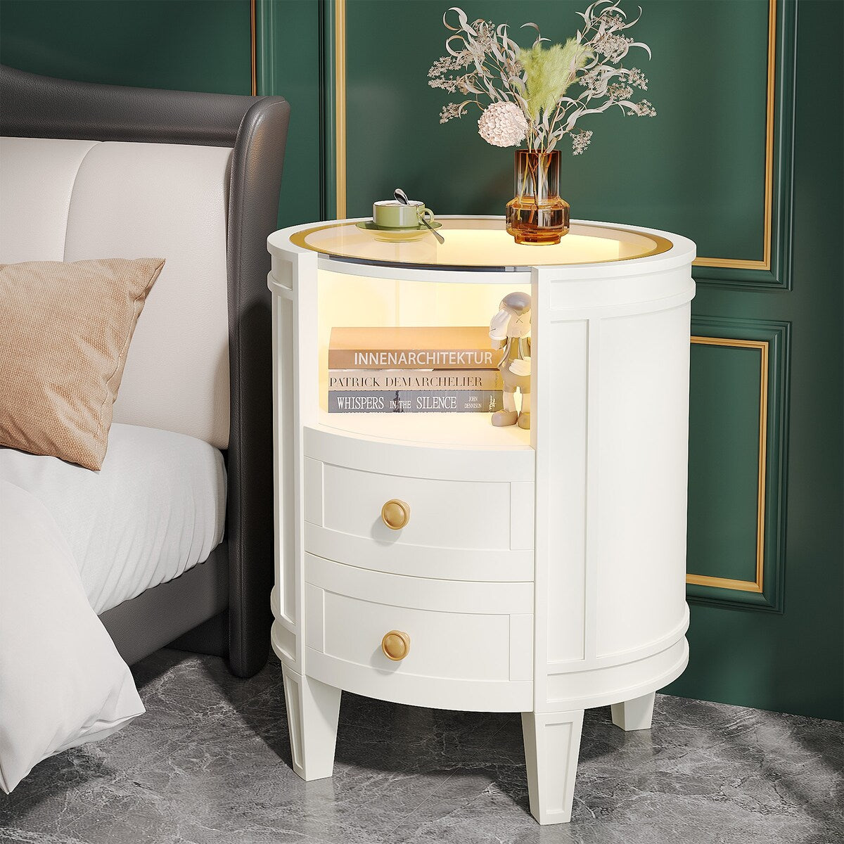 Round LED Bedside Table Nightstand with 2 Drawers and Open Shelf for Bedroom