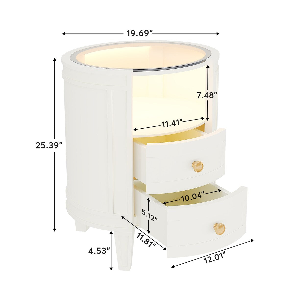 Round LED Bedside Table Nightstand with 2 Drawers and Open Shelf for Bedroom