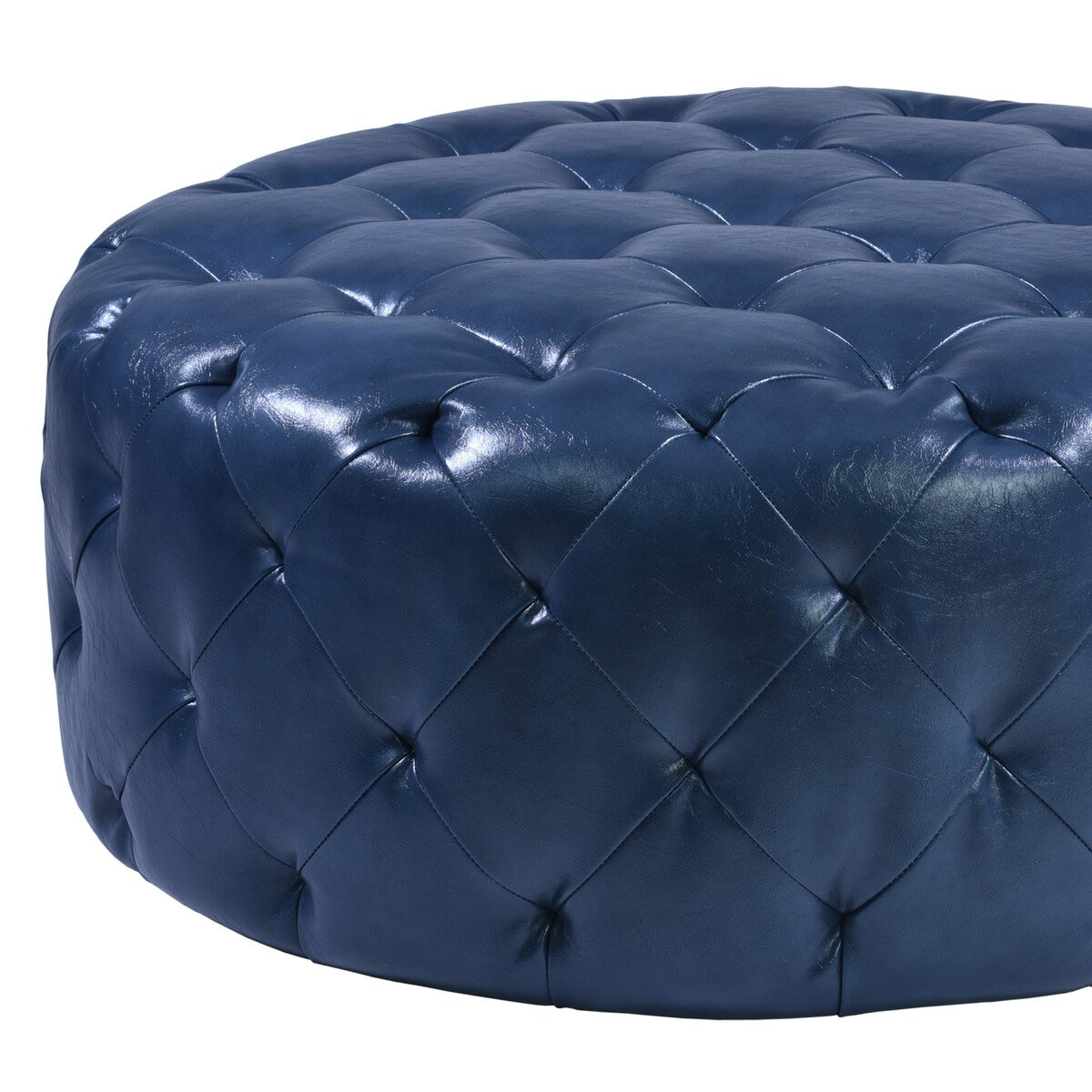 Round Leatherette Wooden Frame Ottoman with Tufted Details, Blue