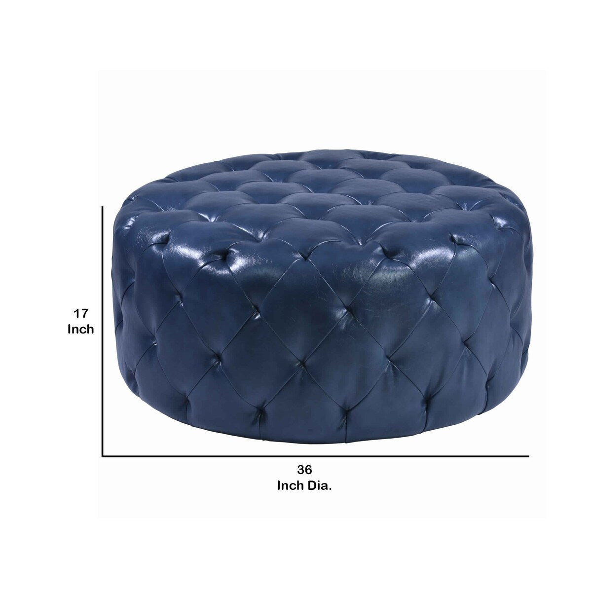 Round Leatherette Wooden Frame Ottoman with Tufted Details, Blue