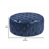 Round Leatherette Wooden Frame Ottoman with Tufted Details, Blue