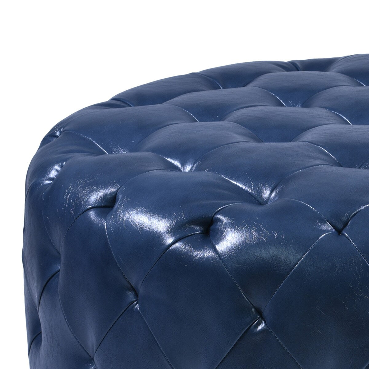 Round Leatherette Wooden Frame Ottoman with Tufted Details, Blue