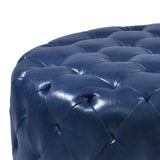 Round Leatherette Wooden Frame Ottoman with Tufted Details, Blue
