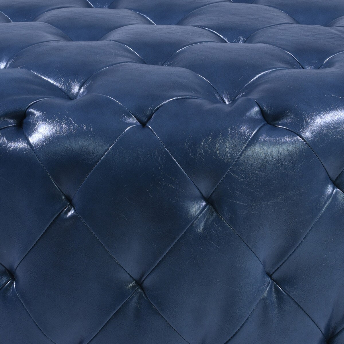 Round Leatherette Wooden Frame Ottoman with Tufted Details, Blue