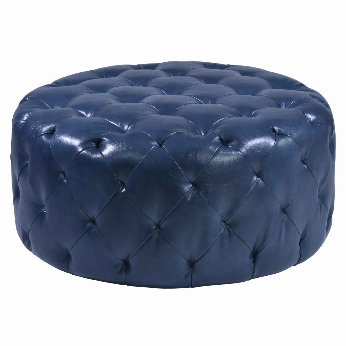 Round Leatherette Wooden Frame Ottoman with Tufted Details, Blue