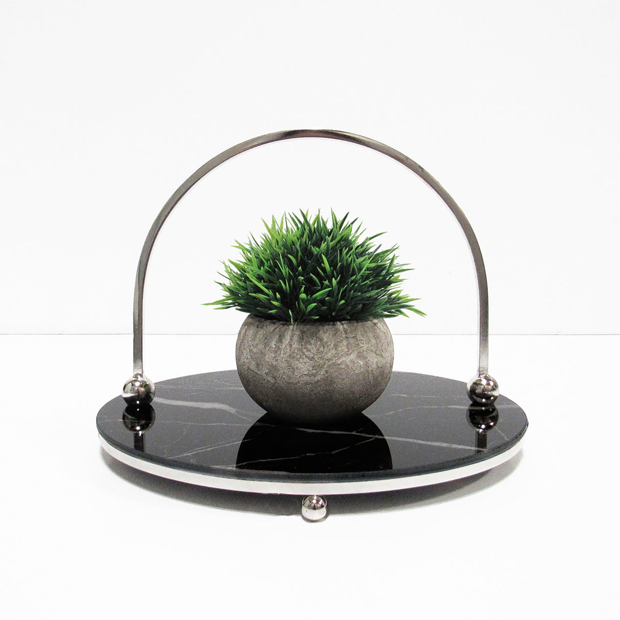 Round Marble Look Glass Decorative Tray Serving Platter with Silver Handles
