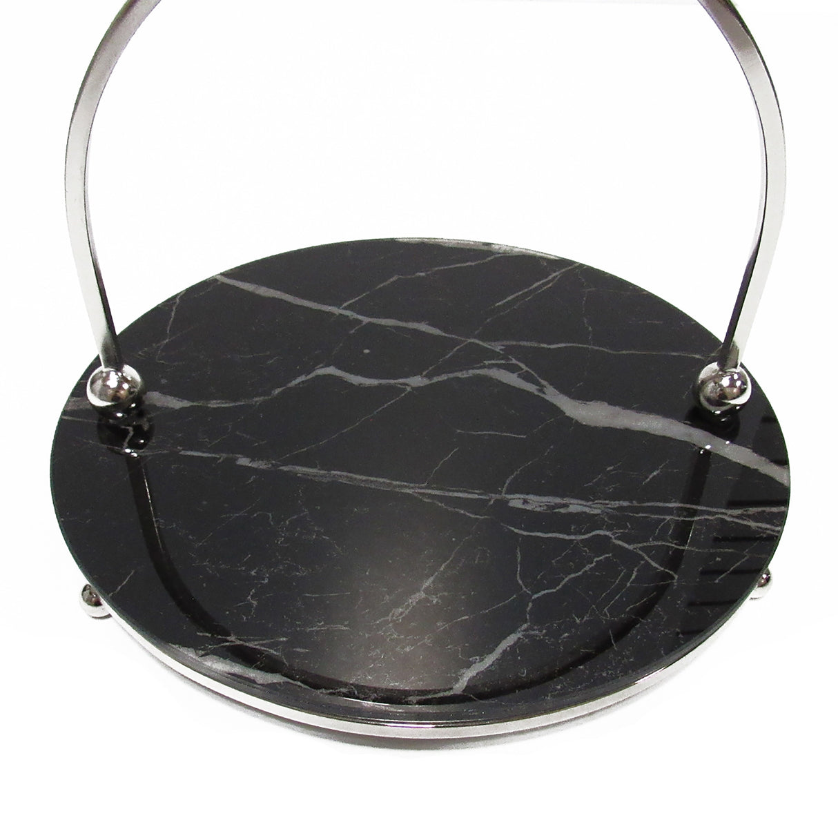 Round Marble Look Glass Decorative Tray Serving Platter with Silver Handles