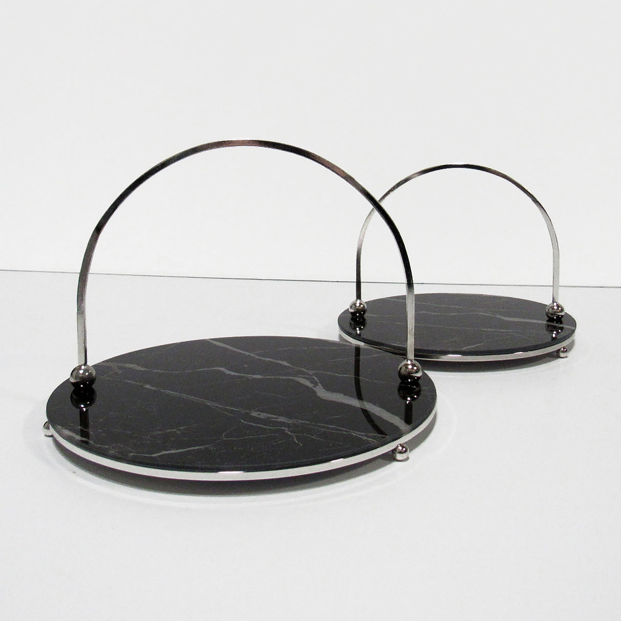 Round Marble Look Glass Decorative Tray Serving Platter with Silver Handles