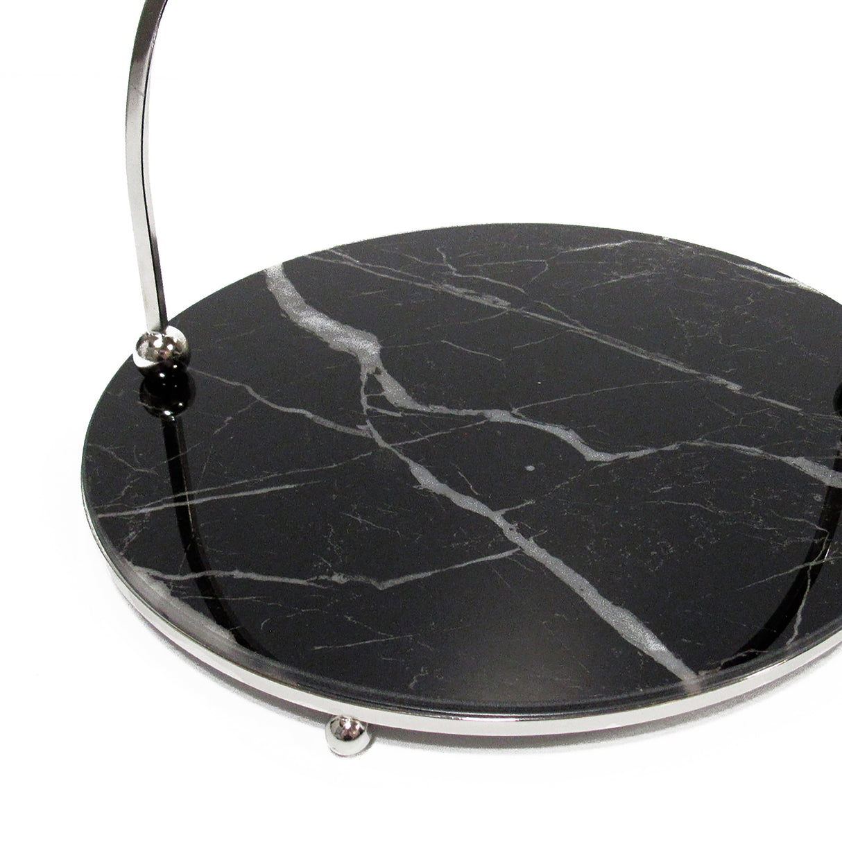 Round Marble Look Glass Decorative Tray Serving Platter with Silver Handles