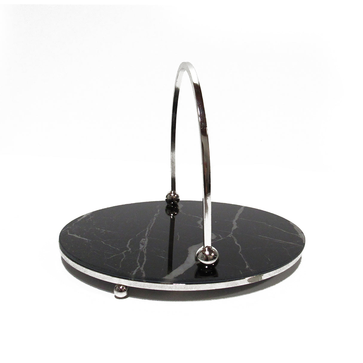 Round Marble Look Glass Decorative Tray Serving Platter with Silver Handles