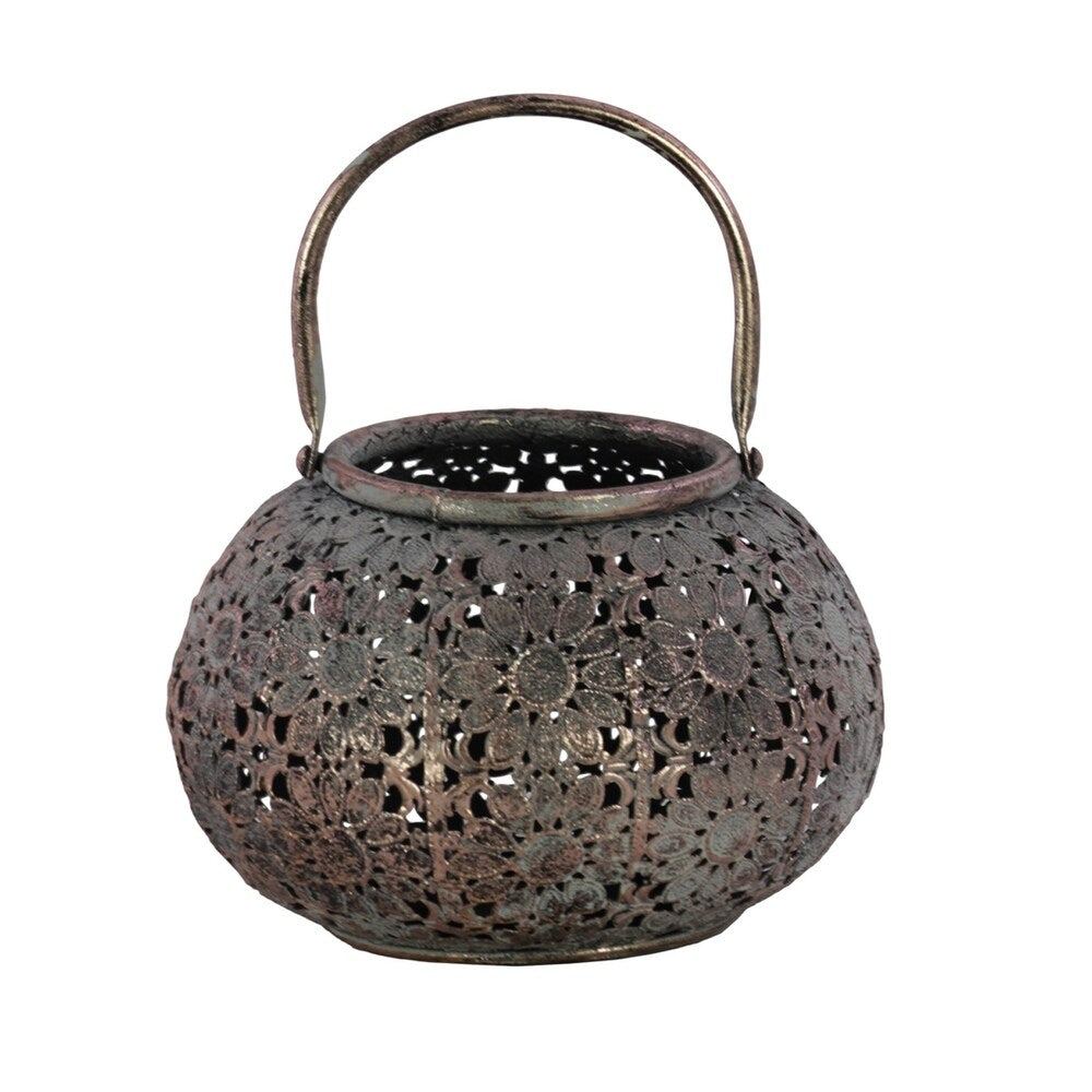 Round Metal Lantern with Floral Pierced Design, Small, Brown