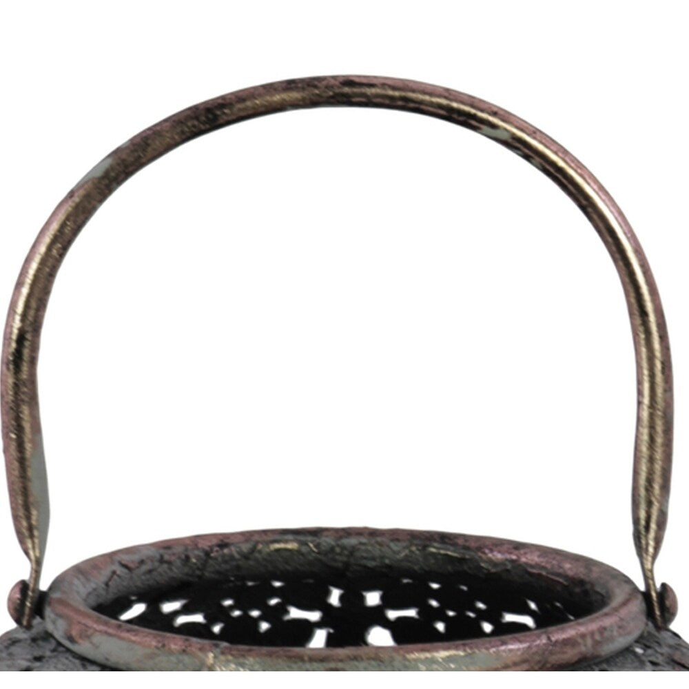 Round Metal Lantern with Floral Pierced Design, Small, Brown