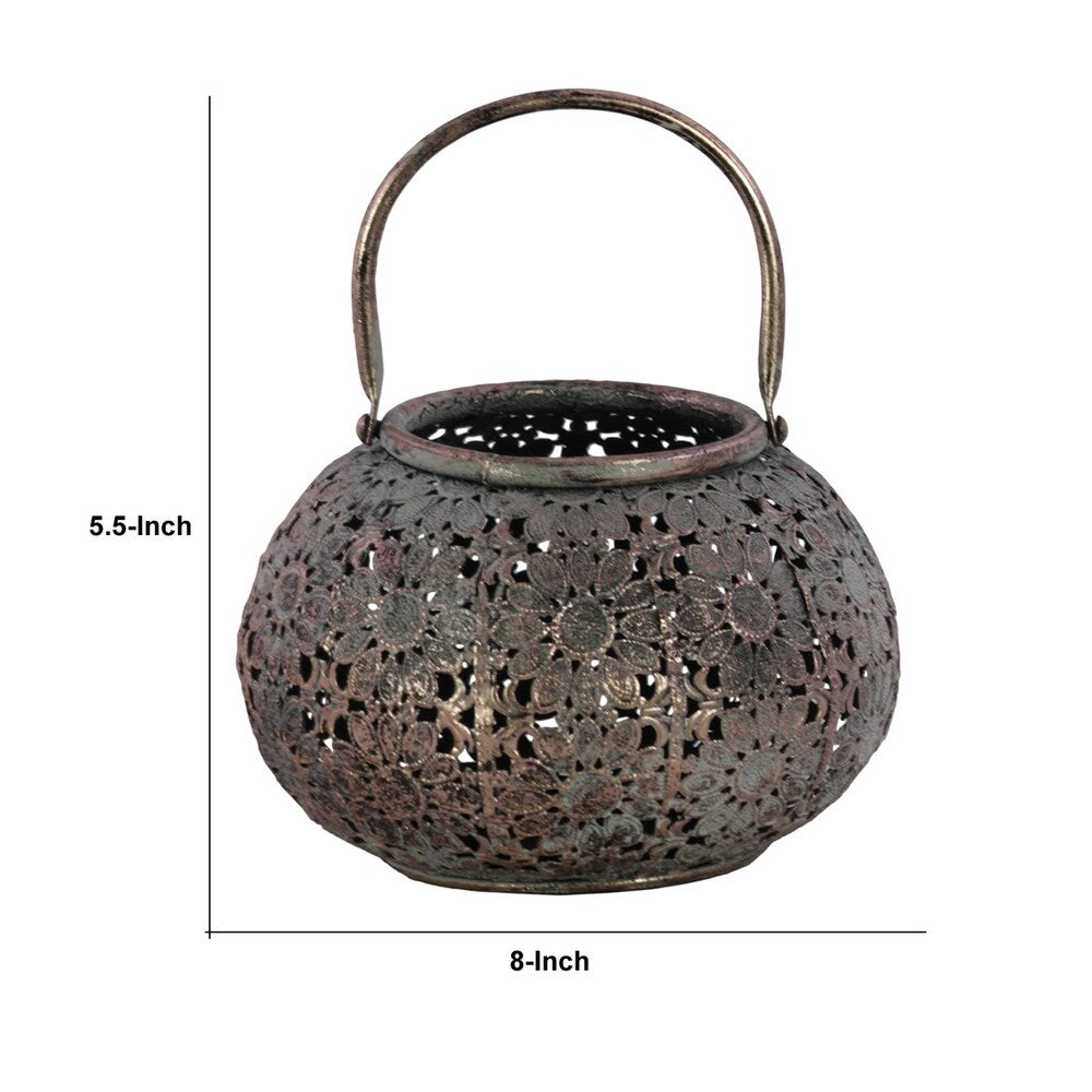 Round Metal Lantern with Floral Pierced Design, Small, Brown