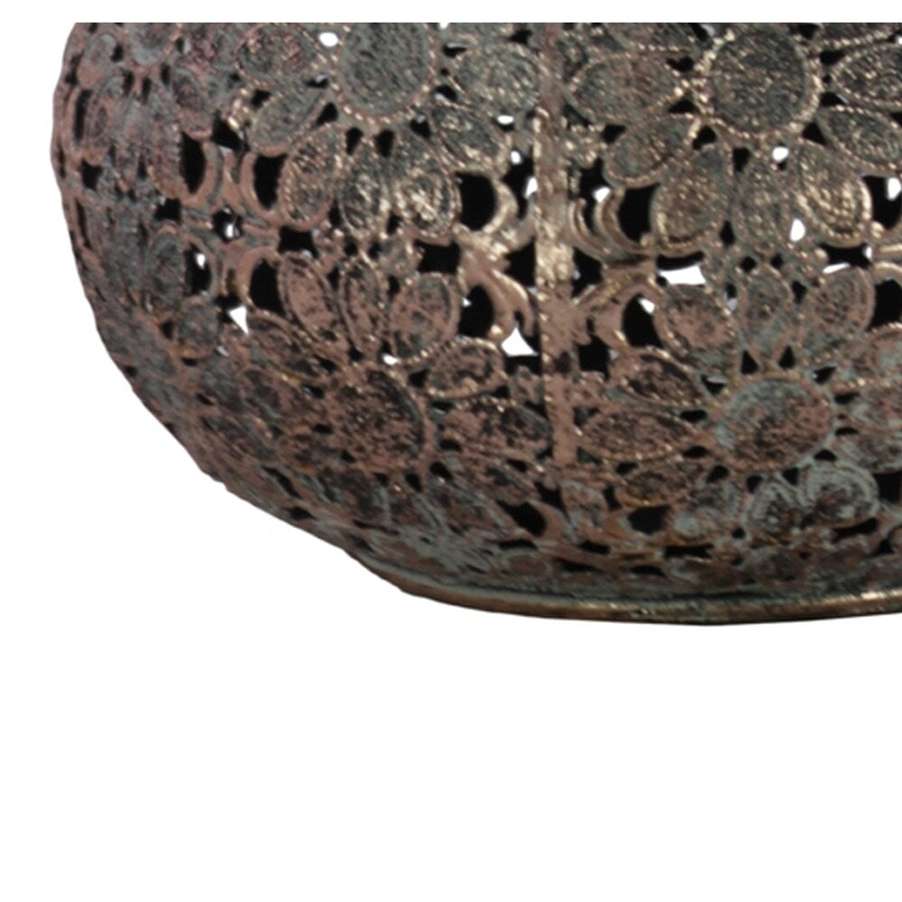 Round Metal Lantern with Floral Pierced Design, Small, Brown