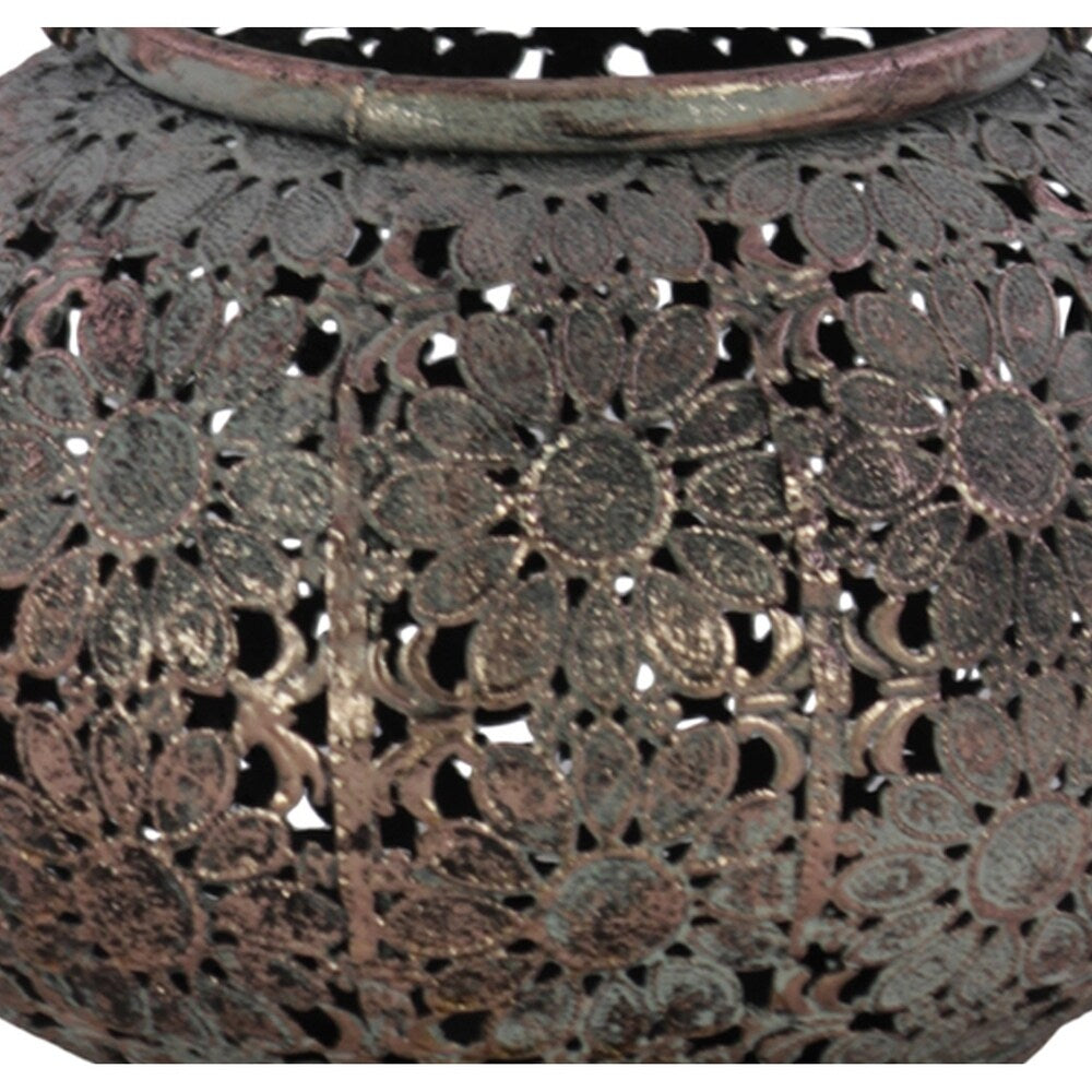 Round Metal Lantern with Floral Pierced Design, Small, Brown