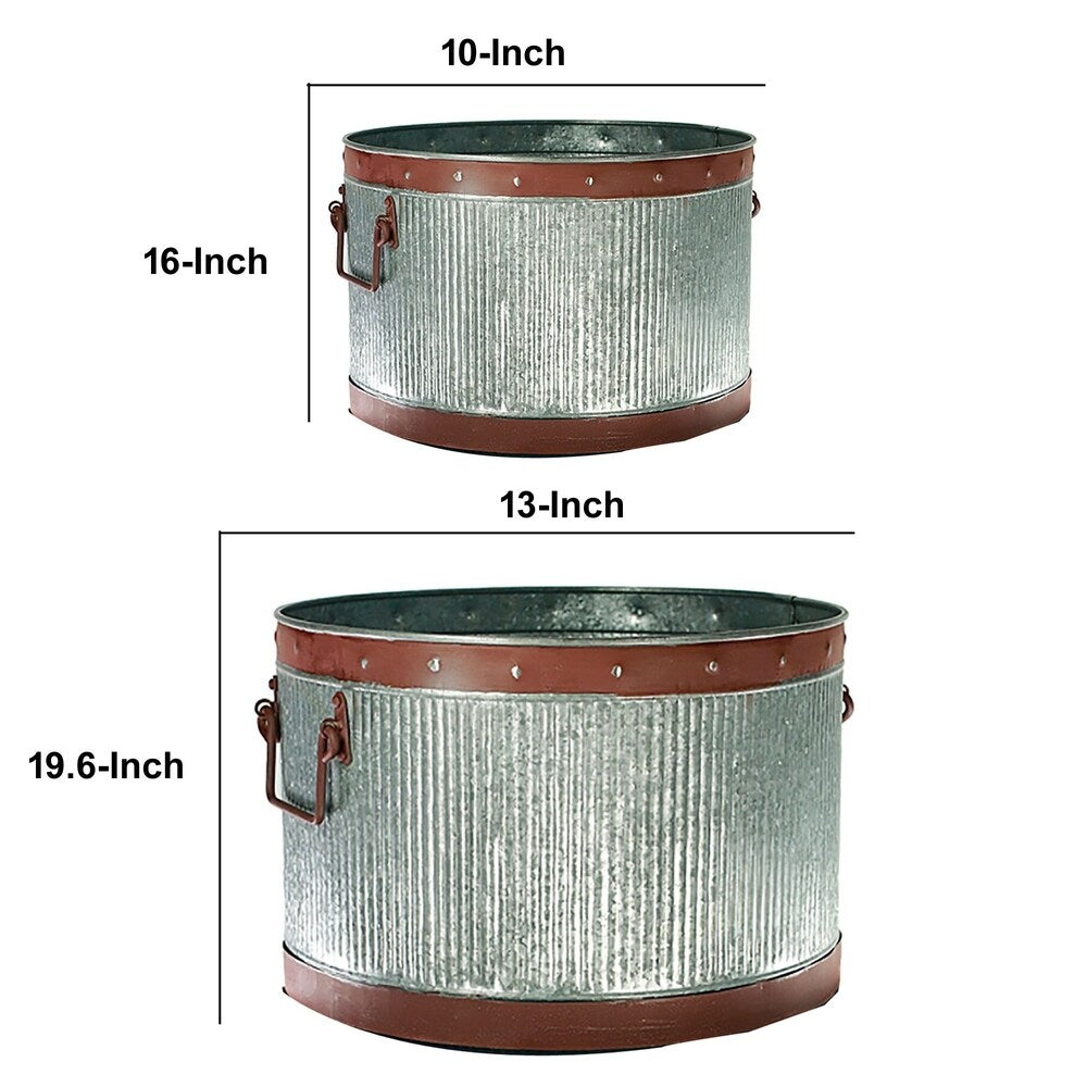 Round Metal Planters with Ribbed Body, Gray and Brown, Set of 2