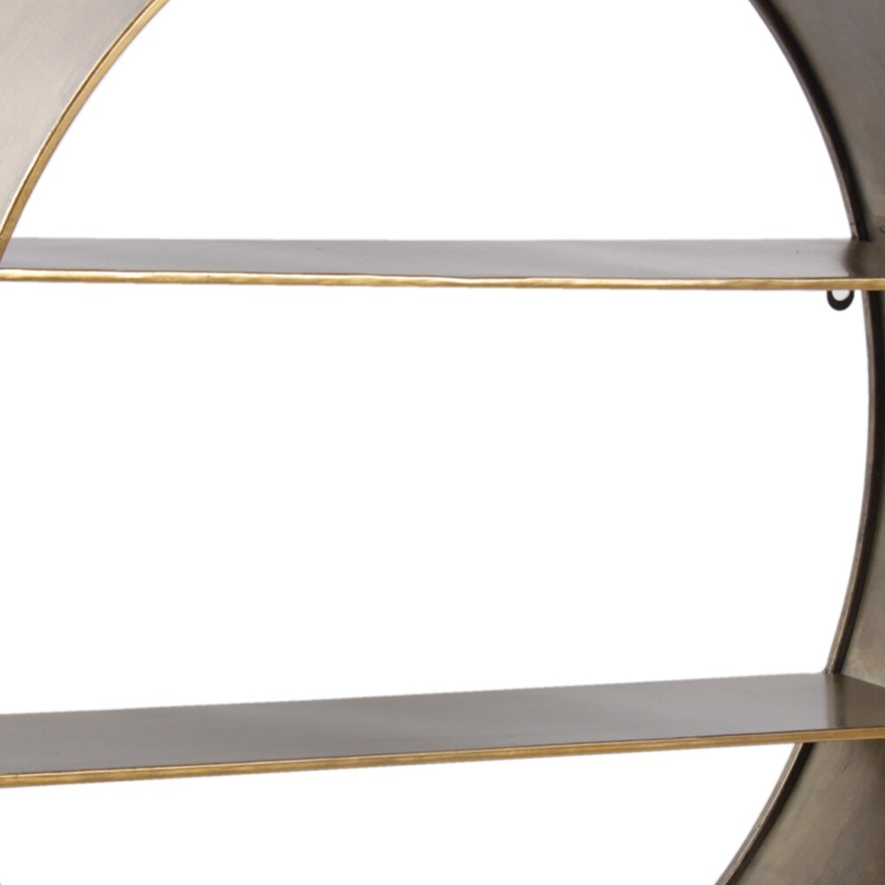 Round Metal Wall Shelf with 2 Tier Storage and Copper Edges, Brown