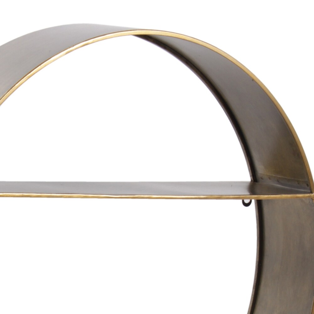 Round Metal Wall Shelf with 2 Tier Storage and Copper Edges, Brown