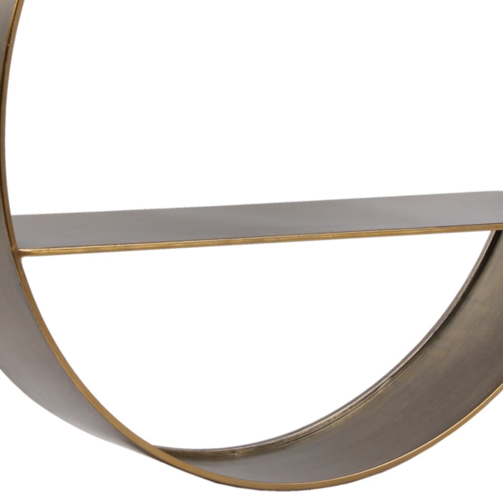 Round Metal Wall Shelf with 2 Tier Storage and Copper Edges, Brown