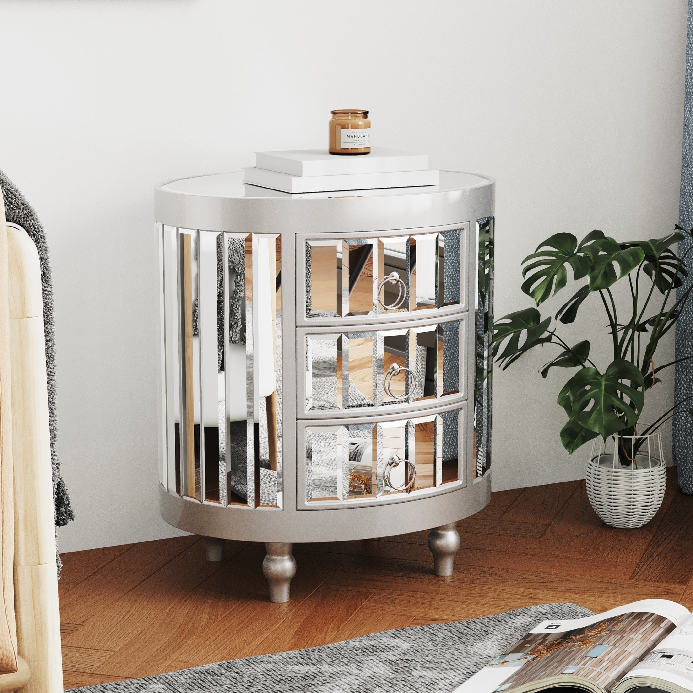Round mirrored nightstand sales