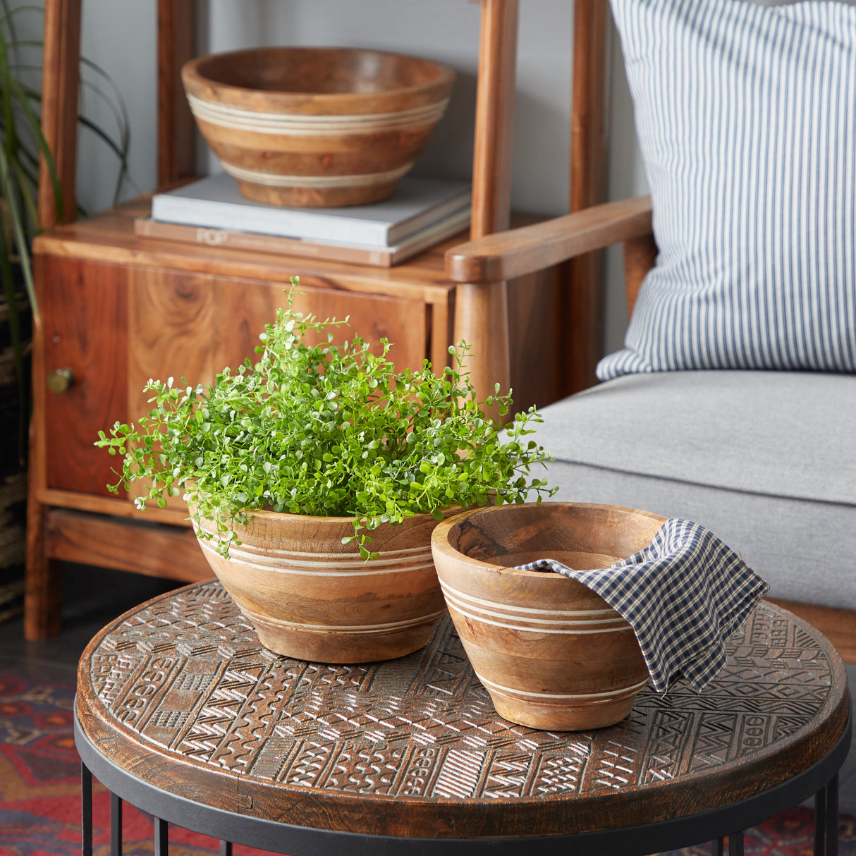 Brown Wood Mediterranean Serving Bowl (Set of 3) - 12 x 12 x 5
