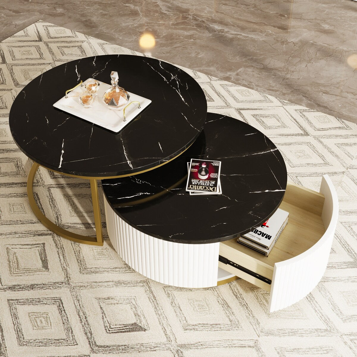 Round Nesting Coffee Table Fluted with Drawer