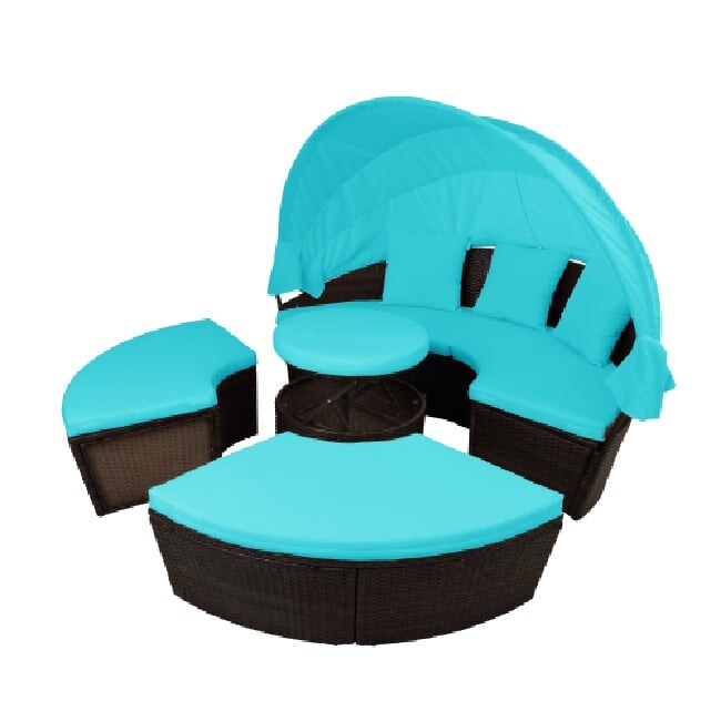 Round Outdoor Sectional Sofa Set Rattan Daybed Sunbed with Retractable Canopy, Separate Seating and Removable Cushion