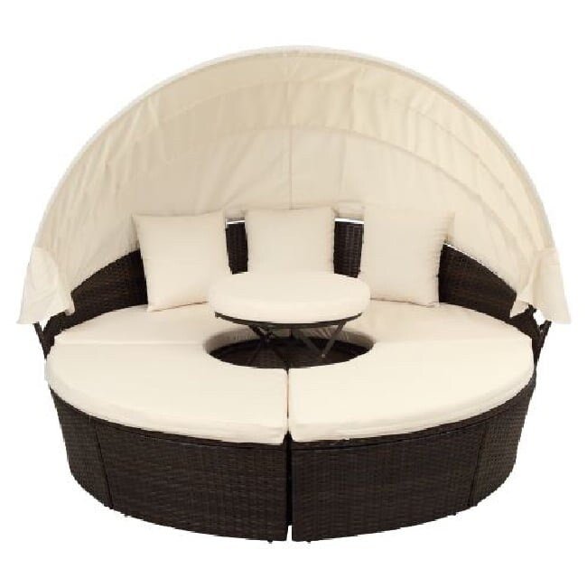Round Outdoor Sectional Sofa Set Rattan Daybed Sunbed with Retractable Canopy, Separate Seating and Removable Cushion