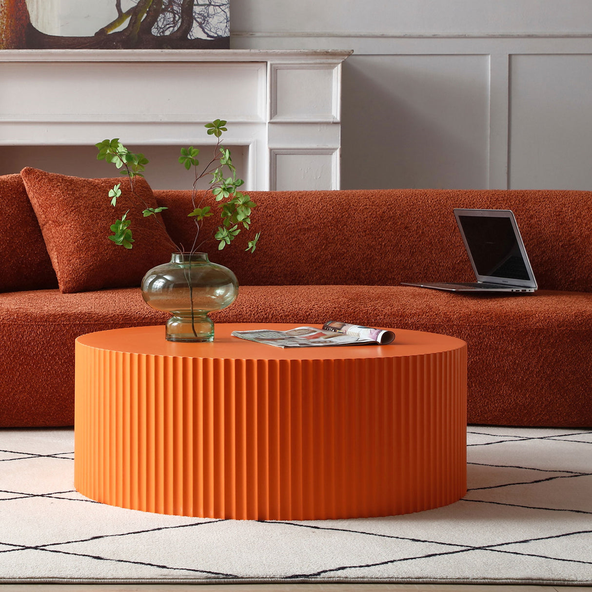 Modern Glam 36 inches Handcraft Relief Side End Round Coffee Table for Living Room