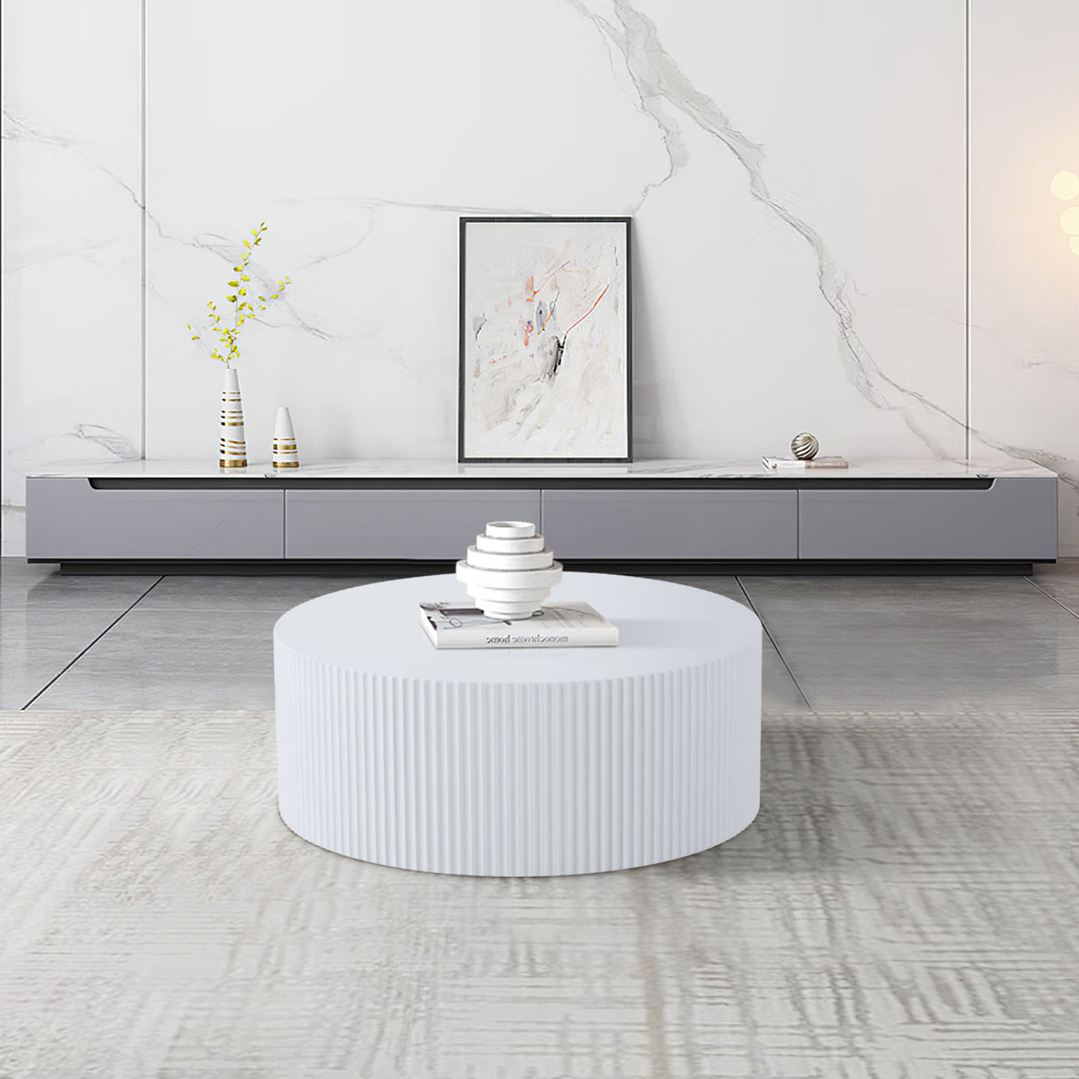 Modern Glam 36 inches Handcraft Relief Side End Round Coffee Table for Living Room