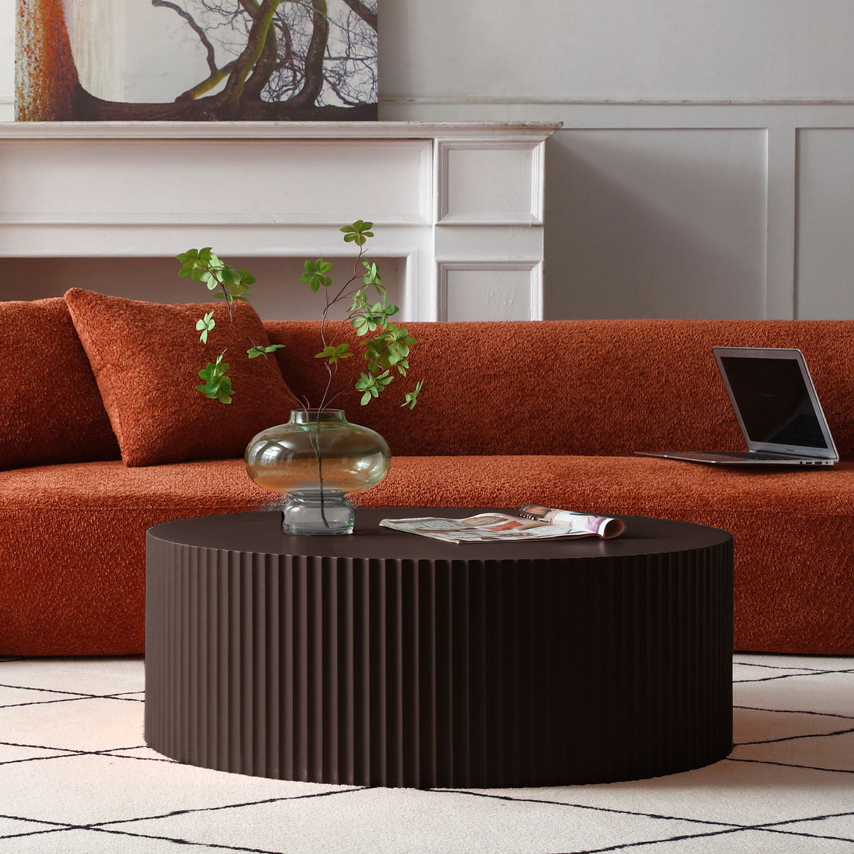 Modern Glam 36 inches Handcraft Relief Side End Round Coffee Table for Living Room