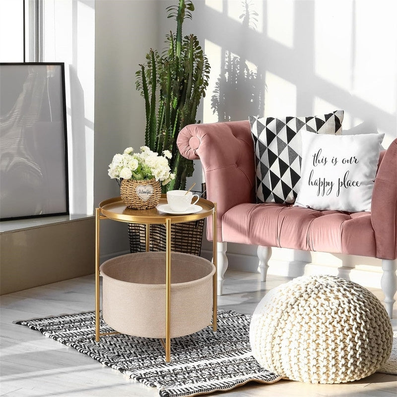 Round Side Table with Fabric Storage Basket - 20.47"D x 17.71"W x 20.47"H