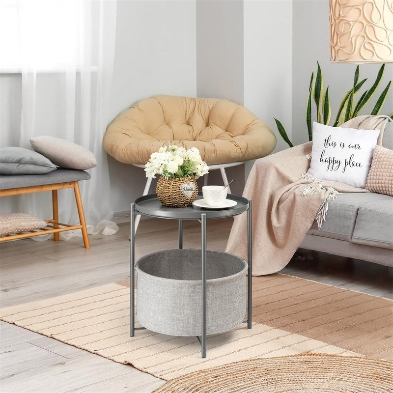 Round Side Table with Fabric Storage Basket - 20.47"D x 17.71"W x 20.47"H