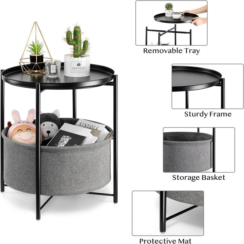 Round Side Table with Fabric Storage Basket - 20.47"D x 17.71"W x 20.47"H