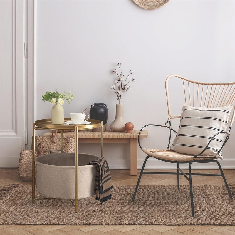 Round Side Table with Fabric Storage Basket - 20.47"D x 17.71"W x 20.47"H