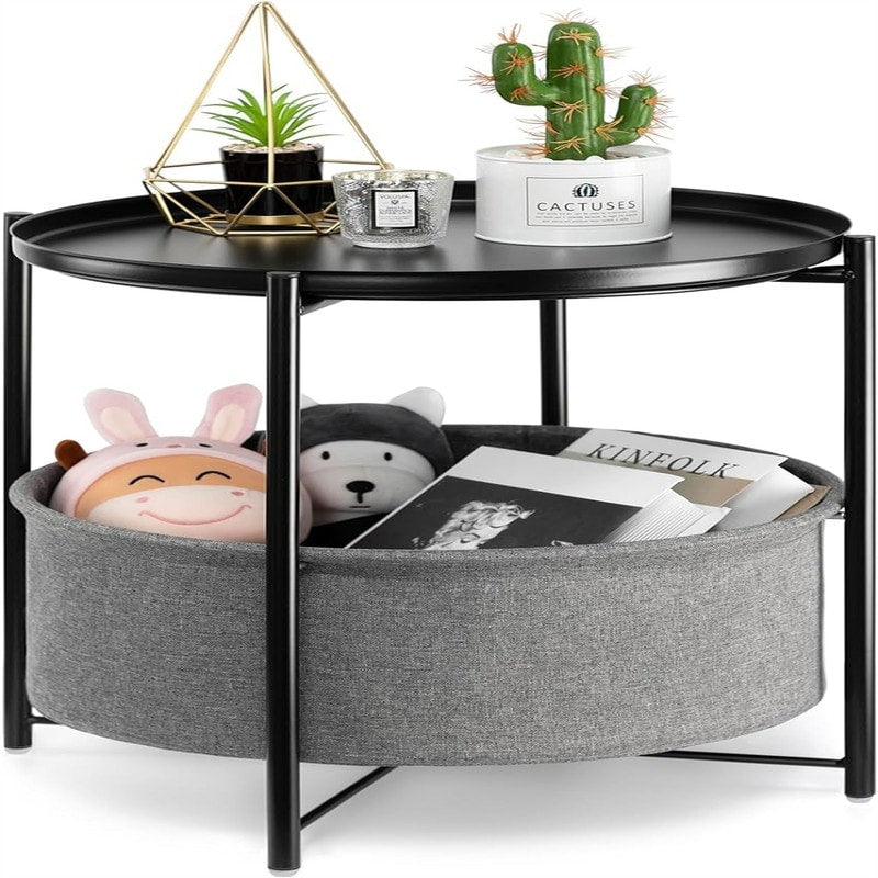 Round Side Table with Fabric Storage Basket - 20.47"D x 17.71"W x 20.47"H