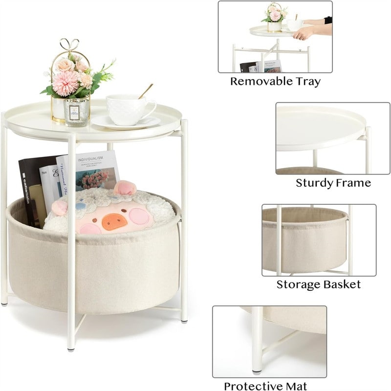 Round Side Table with Fabric Storage Basket - 20.47"D x 17.71"W x 20.47"H