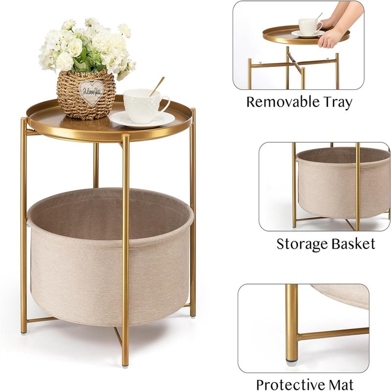 Round Side Table with Fabric Storage Basket - 20.47"D x 17.71"W x 20.47"H