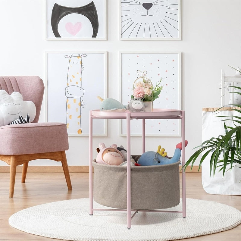 Round Side Table with Fabric Storage Basket - 20.47"D x 17.71"W x 20.47"H