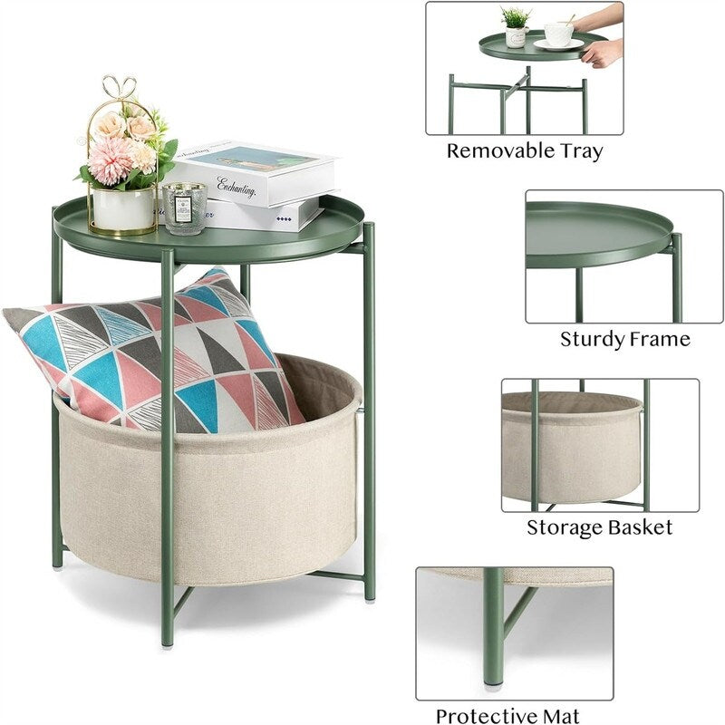 Round Side Table with Fabric Storage Basket - 20.47"D x 17.71"W x 20.47"H