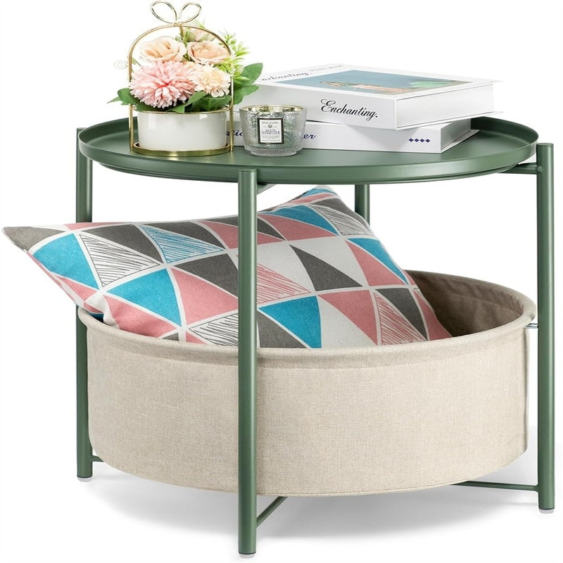 Round Side Table with Fabric Storage Basket - 20.47"D x 17.71"W x 20.47"H