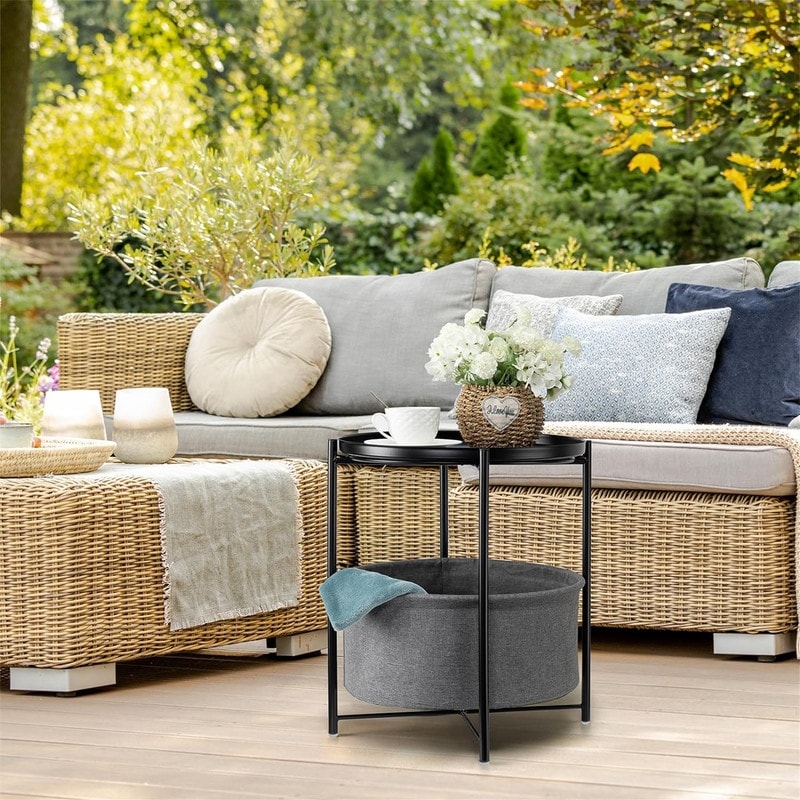 Round Side Table with Fabric Storage Basket - 20.47"D x 17.71"W x 20.47"H
