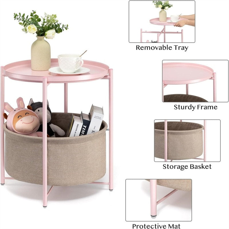 Round Side Table with Fabric Storage Basket - 20.47"D x 17.71"W x 20.47"H