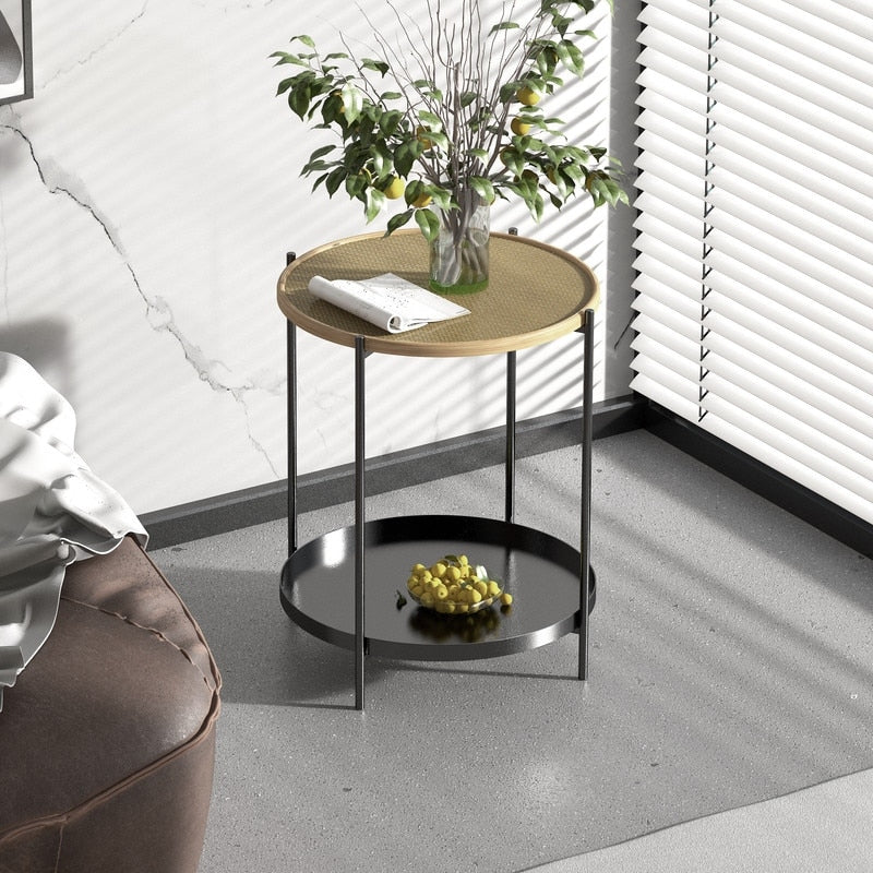 Round Side Table with Rattan Top and Iron Frame