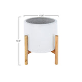 Round Stoneware Planter on Wood Holder (Set of 2 Pieces/Holds 10" Pot) - Grey